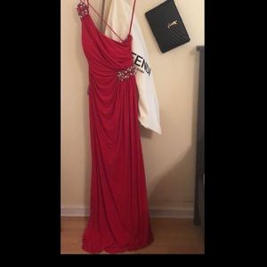 Red one shoulder floor length gown with jeweled accents size 8
